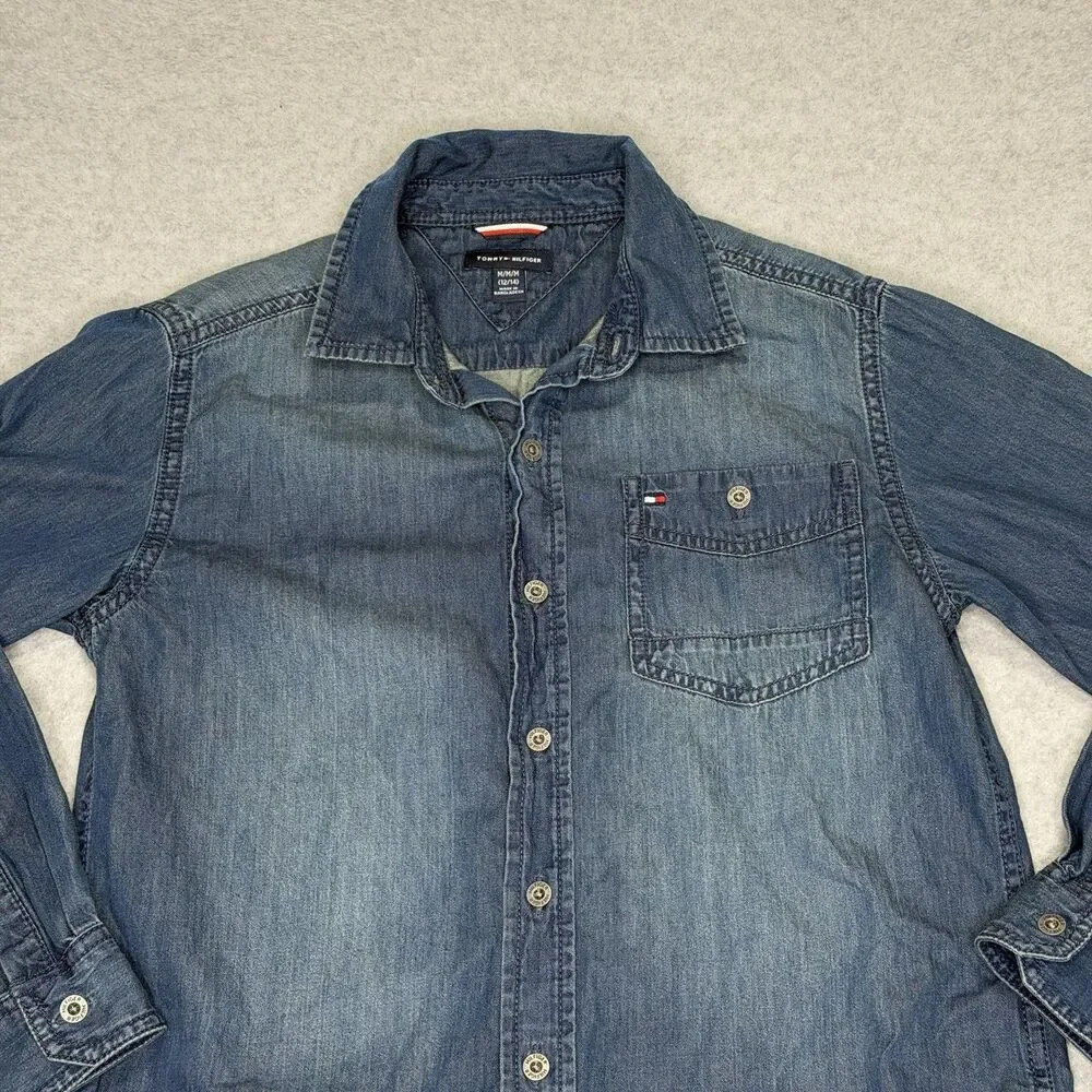Tommy Hilfiger Boys M 12-14 Denim Button Up‎ Shirt Medium Blue Chambray